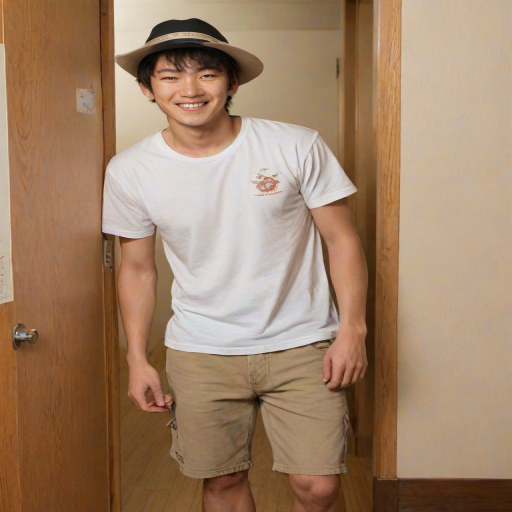 locker, wooden floor, 1boy, japanese man, cowboy shot, half body shot, looking at viewer, white t-shirt, smile