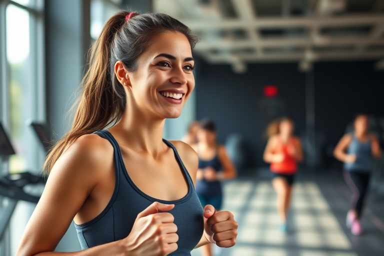 portrait of a young woman smiling while jogging in a modern gym with blurred background of others exercising, natural lighting, 50mm lens, f/1.8, ISO 100, soft focus style, DSLR camera