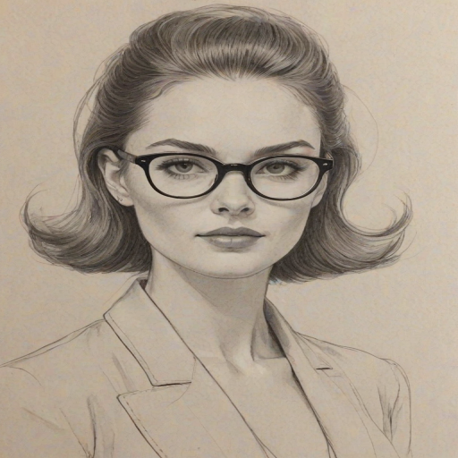 Splendid Sophie Wylie, pencil sketch, portrait of Elegant woman 1967s in glasses, hair style beatnik, outline, clear lines, fine lines, 8k