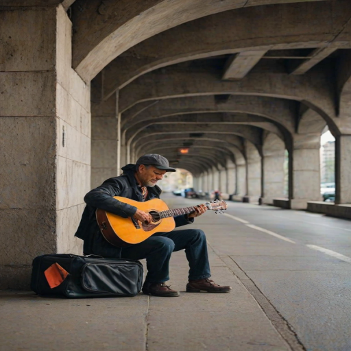 Street musician playing under a city bridge, his guitar case open for tips, the sound of soft melodies echoing against the concrete walls.