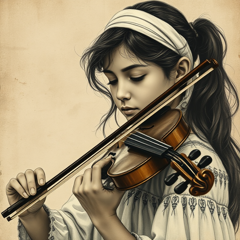 a young M'tis woman with a white headband playing a violin, in the style of a charcoal drawing, sepia grunge background