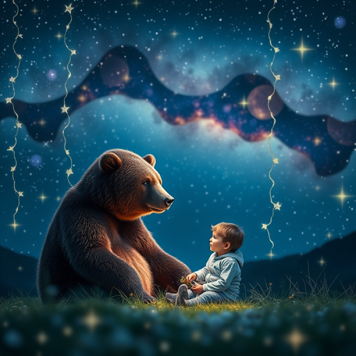 Create an enchanting night scene featuring a bear and a child, surrounded by shimmering stars and a galaxy backdrop, captured using a Canon EOS R, 35mm lens, f/2.8 aperture, ISO 100, soft focus, vignette effect for a magical ambiance.