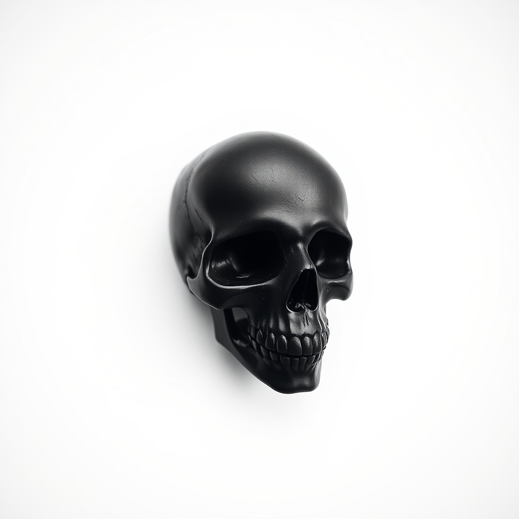 Create a high-resolution image of a stylized black skull on a plain white background, using a Canon EOS 5D Mark IV with a 50mm f/1.8 lens, aperture at f/2.8, ISO 100, and a focus on the skull to enhance detail and contrast.