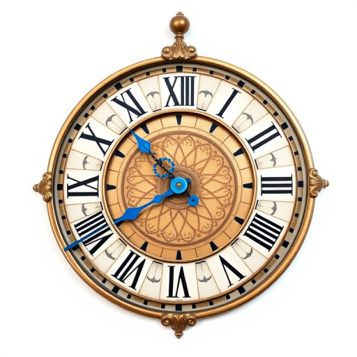 Create a high-resolution image of an ornate clock face featuring Roman numerals, with a blue hour hand and a black minute hand, set against a white background, captured using a DSLR camera with a 50mm lens, f/2.8 aperture, ISO 100, and natural lighting from a soft window source.