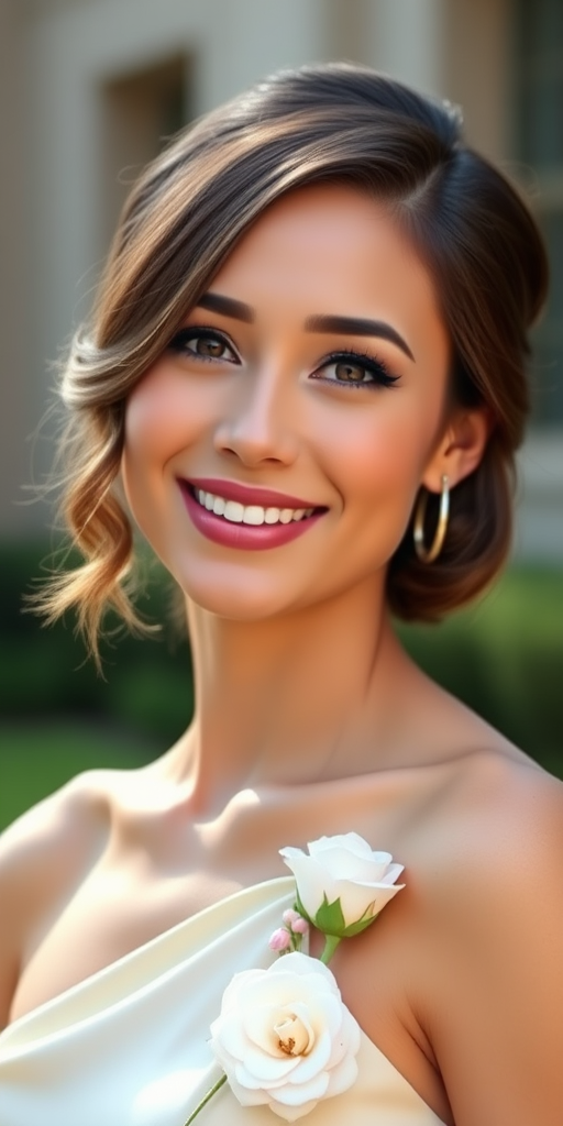 Generate a classic portrait of a smiling woman with elegant makeup and a stylish hairstyle, wearing a one-shoulder dress with a floral embellishment, outdoor setting with natural light, f/1.8, ISO 100, 50mm lens, spot focus.