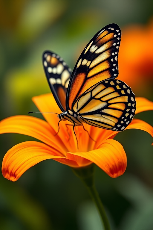 Generate an image of a butterfly perched on a vibrant orange lily flower. The butterfly should have intricate patterns on its wings, showcasing shades of black, yellow, and white. The background should be softly blurred to emphasize the butterfly and the flower, creating a serene and natural atmosphere.