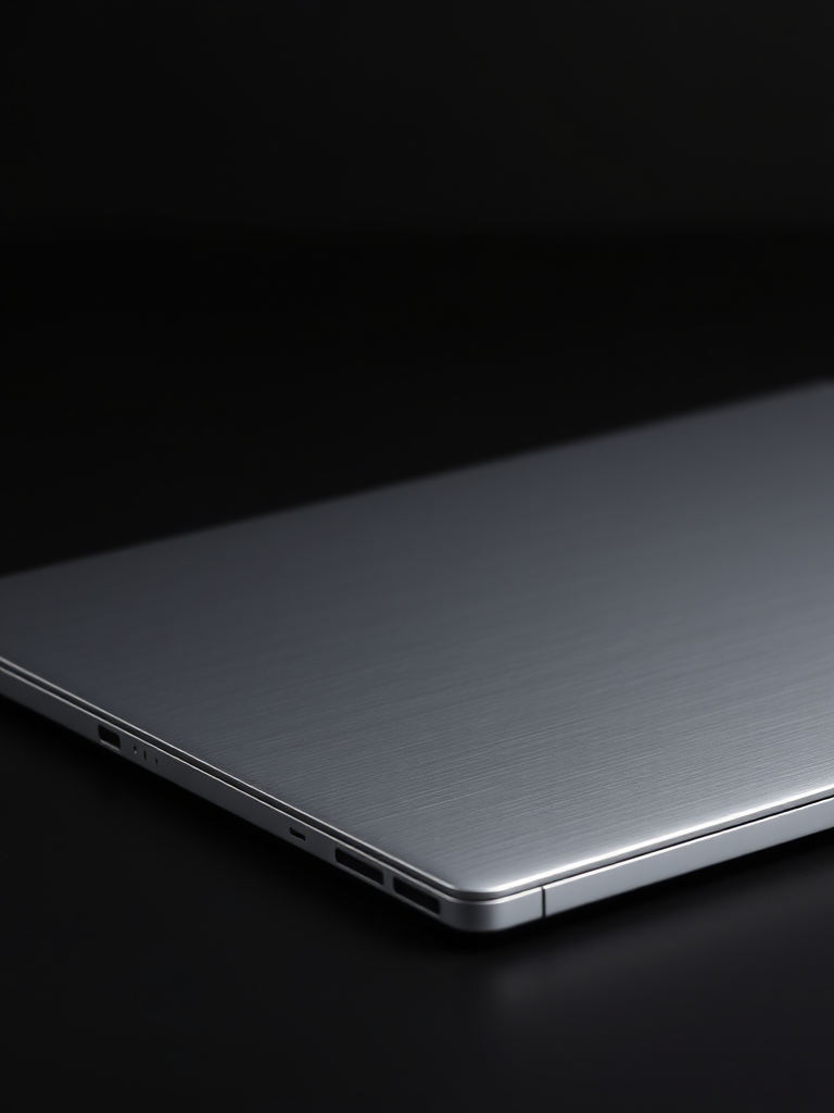 high-resolution image of a closed aluminum notebook with a brushed metal finish, soft studio lighting, close-up view, DSLR camera, f/2.8 aperture, 50mm lens, ISO 100, 1/125 sec shutter speed, on a plain black background.