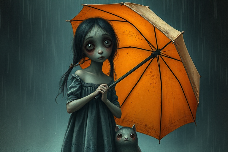 An eerie, weird little girl with dark hair in thin pigtails, wearing a smock dress, standing in the rain, holding a dirty orange umbrella, a small, odd creature beside her. In a surreal style inspired by Nicoletta Ceccoli and Brian Froud. Dark fantasy themes