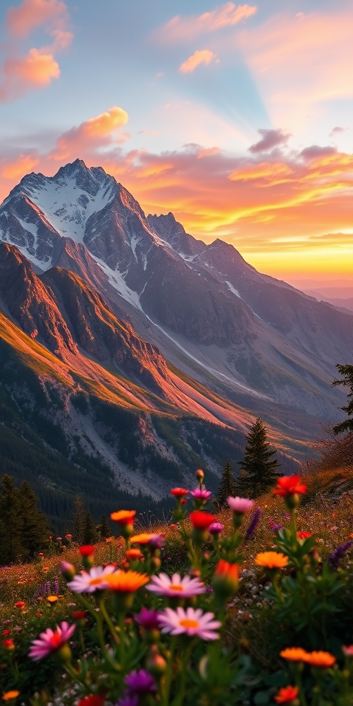Generate an image of a serene mountain landscape at sunrise with vibrant colors, focus on the foreground flowers, use a DSLR camera, aperture f/8, ISO 100, shutter speed 1/250, wide-angle lens, captured in natural lighting for enhanced clarity.