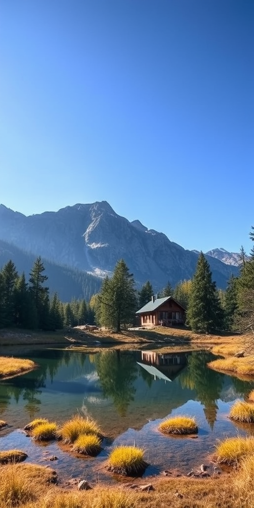 Generate a landscape image of a serene mountain scene with a clear blue sky, featuring a reflective pond surrounded by lush pine trees and a cozy cabin in the background, captured with a Canon EOS R5, 24mm lens, aperture f/8, ISO 100, and a crisp, wide-angle perspective.