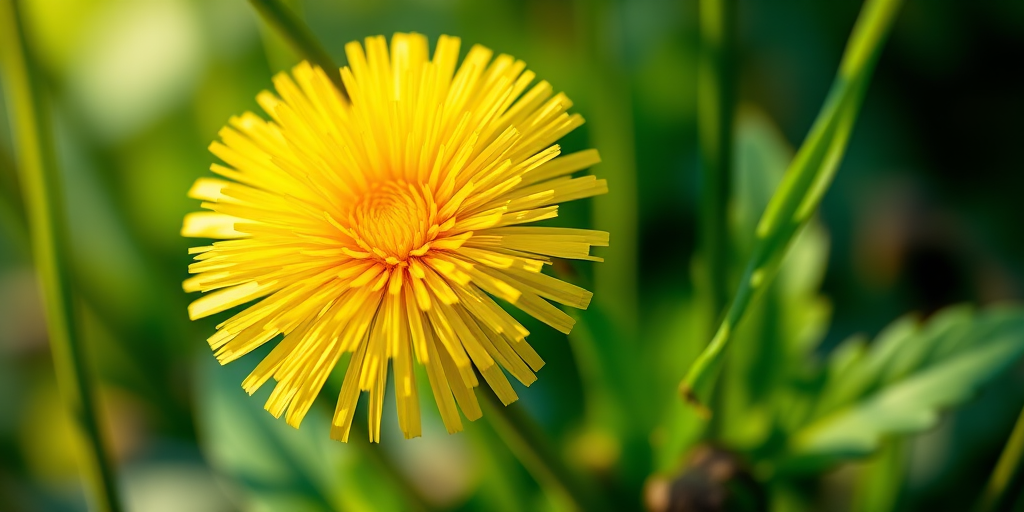 Create a vibrant illustration of a dandelion with a bright yellow flower and lush green leaves, using a macro lens at f/2.8, 1/200s exposure, ISO 100, shot from a low angle to emphasize detail and depth, digital art style.