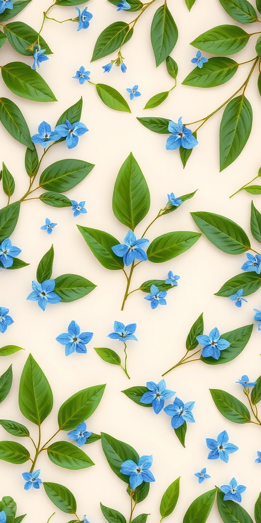 Create a seamless pattern of green leaves and blue flowers on a light beige background, using a Canon EOS R5 with a 50mm f/1.2 lens at f/4, ISO 100, and a shallow depth of field to enhance texture and detail in a flat lay style.