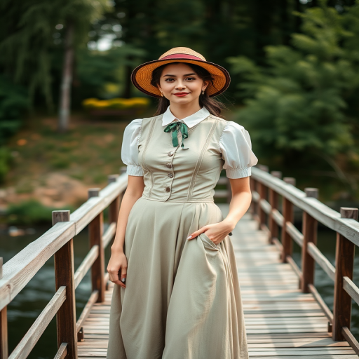 regenerate the image of a woman in vintage attire standing on a wooden bridge with a soft focus background of trees and a river, use a portrait orientation, aperture f/2.8 for shallow depth of field, ISO 100 for clarity, and natural lighting for a bright and cheerful atmosphere, captured with a DSLR camera.