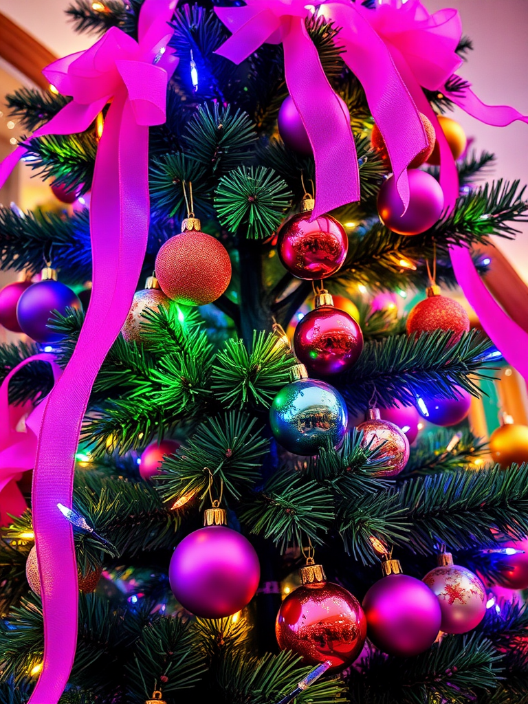 Create an image of a vibrant Christmas tree adorned with bright pink and purple ribbons, colorful ornaments in various sizes, and twinkling lights, capturing a festive and cheerful holiday atmosphere.