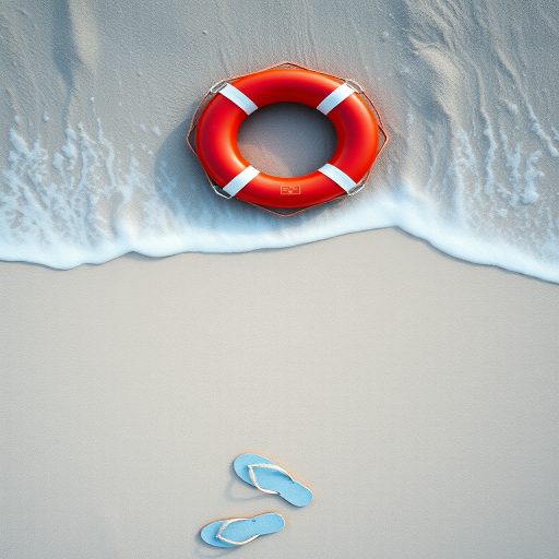 create an image of a sandy beach with a lifebuoy, flip-flops, and footprints leading to gentle waves, shot with a Canon EOS R5, aperture f/8, ISO 100, 24mm lens, top-down view, vibrant colors and high detail