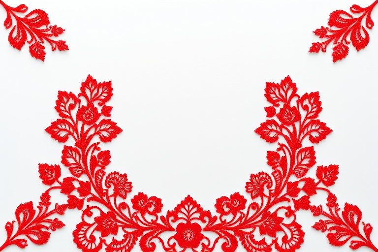 Create a decorative frame with intricate red lace patterns, using a Canon EOS R5 at f/2.8, ISO 100, 1/50s, shot from a top-down view for flat lay style.
