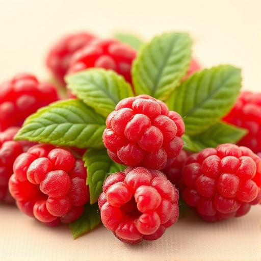 Create a high-resolution illustration of red raspberries with green leaves on a soft beige background, using a DSLR camera with a 50mm lens, aperture set to f/2.8, ISO 100, natural light, and a shallow depth of field to enhance details and textures.