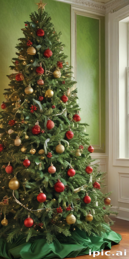 Elegant Christmas Tree Decorated with Red and Gold Ornaments in Cozy Room