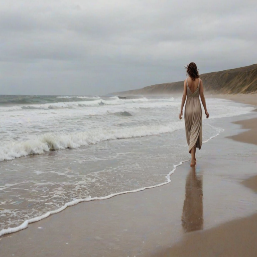 Empty, windswept beach, waves crashing against the shore, with a woman in a flowing dress walking along the edge of the water, her footprints trailing behind her.