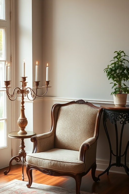 A cozy room interior featuring a vintage upholstered armchair, an elegant candelabrum with lit candles, and an ornate plant stand, natural soft lighting, shot with a DSLR camera, aperture f/2.8, ISO 100, shutter speed 1/60s, wide-angle lens at 24mm, high resolution.
