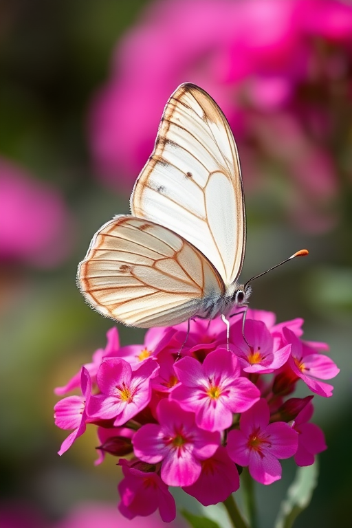 Create an image of a butterfly perched on vibrant pink flowers. The butterfly should have intricate patterns on its wings, displaying shades of white and light brown. The background should be softly blurred to highlight the butterfly and flowers, creating a serene and colorful atmosphere.