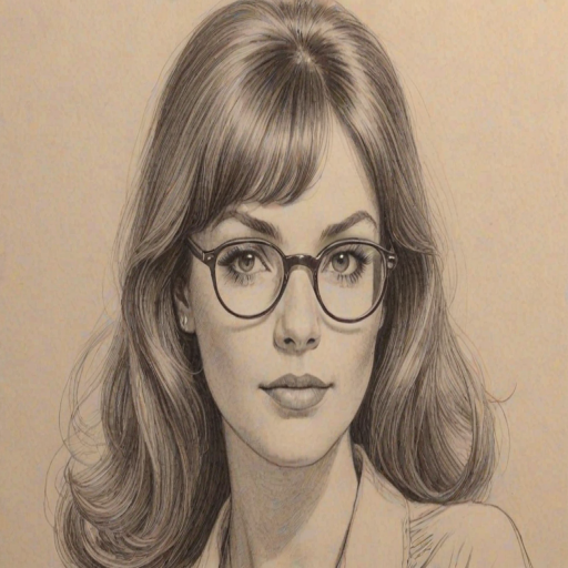 Bewitching Karen Valentine, pencil sketch, portrait of Fetching woman 1969s in glasses, hair style beatnik, outline, clear lines, fine lines, 8k