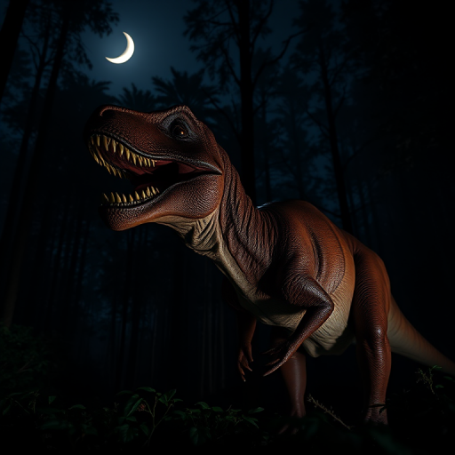 A nighttime scene featuring a large, detailed dinosaur in a dark forest with a glowing crescent moon in the background, captured with a Canon EOS R5, 50mm lens, aperture f/2.8, ISO 400, shutter speed 1/60s, focusing on the dinosaur's texture and ambient light for dramatic effect.