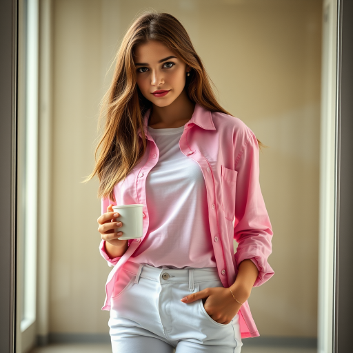 A young woman with long brown hair stands with her back against a glass door, wearing a pink button-down shirt over a white T-shirt and white pants, holding a cup of coffee in her right hand. The woman is looking directly at the viewer, her expression is neutral. Her right hand is tucked into the pocket of her pants while her left hand holds the coffee cup. The lighting is soft and natural, highlighting her features. The background is blurred, with the focus on the woman. The photo is taken from a slightly elevated perspective, showcasing the woman's full figure.