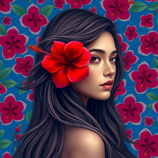 Create a high-resolution digital art portrait of a woman with long flowing hair adorned with a red flower, set against a vibrant blue hibiscus flower pattern background, using a Canon EOS R5 camera with an aperture of f/2.8, ISO 100, and a focal length of 50mm to capture fine details and enhance color saturation.