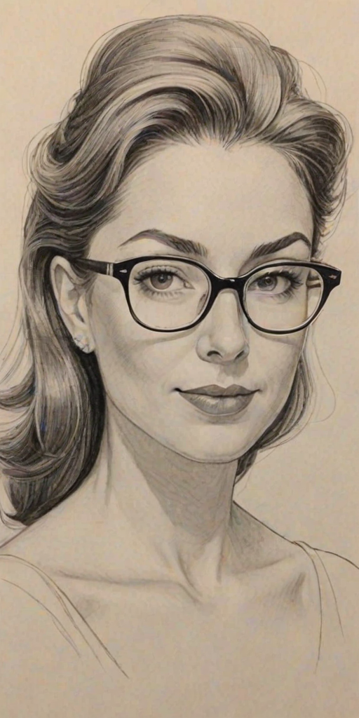 Lovely Gina Linetti, pencil sketch, portrait of Dazzling woman 1954s in glasses, hair style beatnik, outline, clear lines, fine lines, 8k