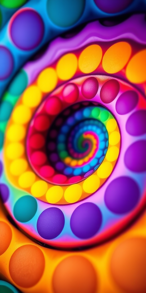 Create a vibrant, abstract image of a colorful spiral pattern with a focus on a gradient of bold hues and circular shapes, using a DSLR camera set to f/8, ISO 100, with a wide-angle lens at 24mm, shooting from a high angle view to capture depth and detail in the composition.