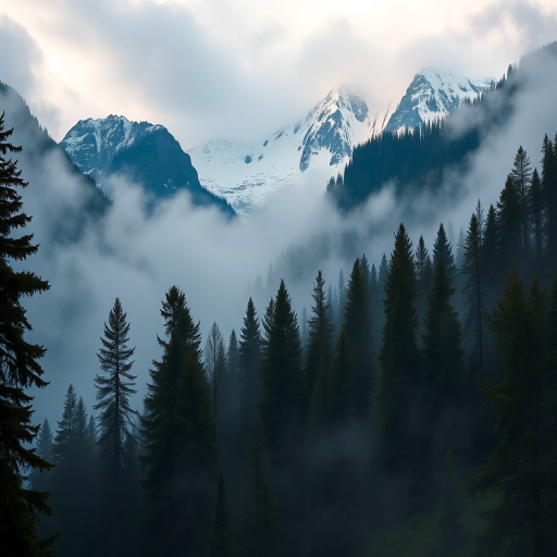 A misty mountain landscape with snow-capped peaks surrounded by evergreen trees in a forest, captured with a Canon EOS R5, 24-70mm lens, f/8 aperture, ISO 100, 1/250 sec exposure, low angle view, early morning light for enhanced clarity and mood.