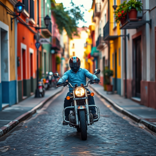regenerate an image of a person riding a motorcycle down a cobblestone street in a colorful neighborhood during the day, using a DSLR camera with a 50mm lens, aperture set to f/2.8, ISO 200, and a shallow depth of field for a vibrant, detailed background and sharp subject focus