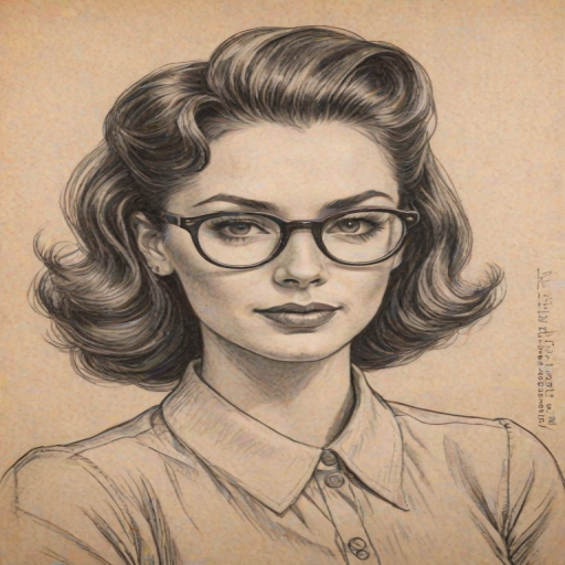 Fetching Monica, pencil sketch, portrait of Bewitching woman 1943s in glasses, hair style beatnik, outline, clear lines, fine lines, 8k
