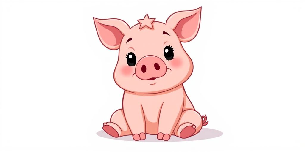 A cute cartoon pig sitting with a slight tilt, soft pink color palette, bright white background, 50mm lens, f/2.8 aperture, ISO 100, natural light, front view, digital illustration style.