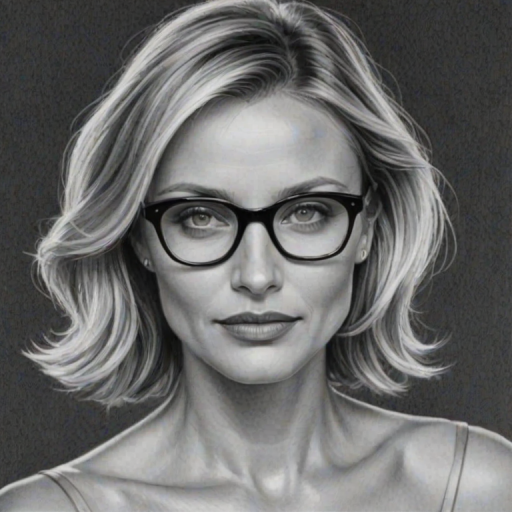 Fascinating Cameron Diaz, pencil sketch, portrait of Dazzling woman 1945s in glasses, hair style beatnik, outline, clear lines, fine lines, 8k