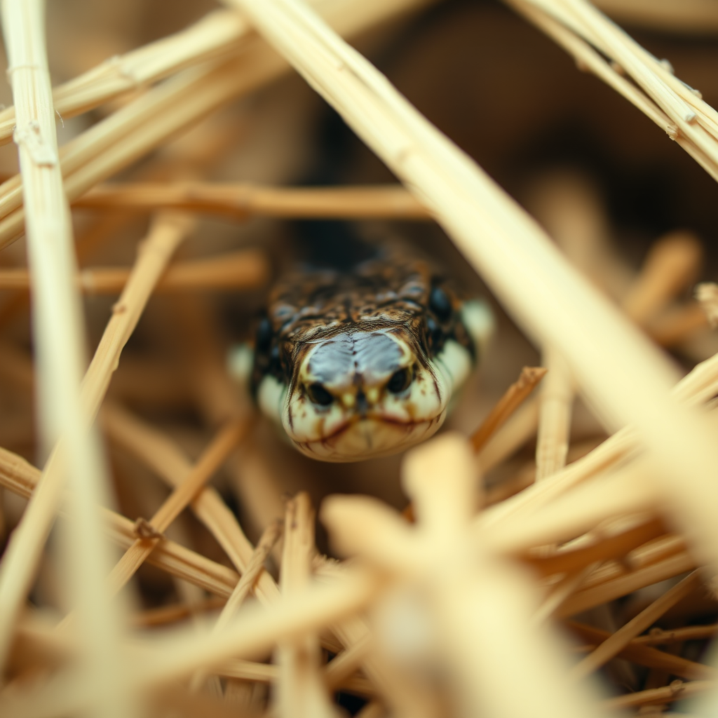 A close-up of a snake peering through straw with a shallow depth of field, shot with a DSLR camera at f/2.8, ISO 100, shutter speed 1/200 sec, in natural lighting, macro lens, low angle view.
