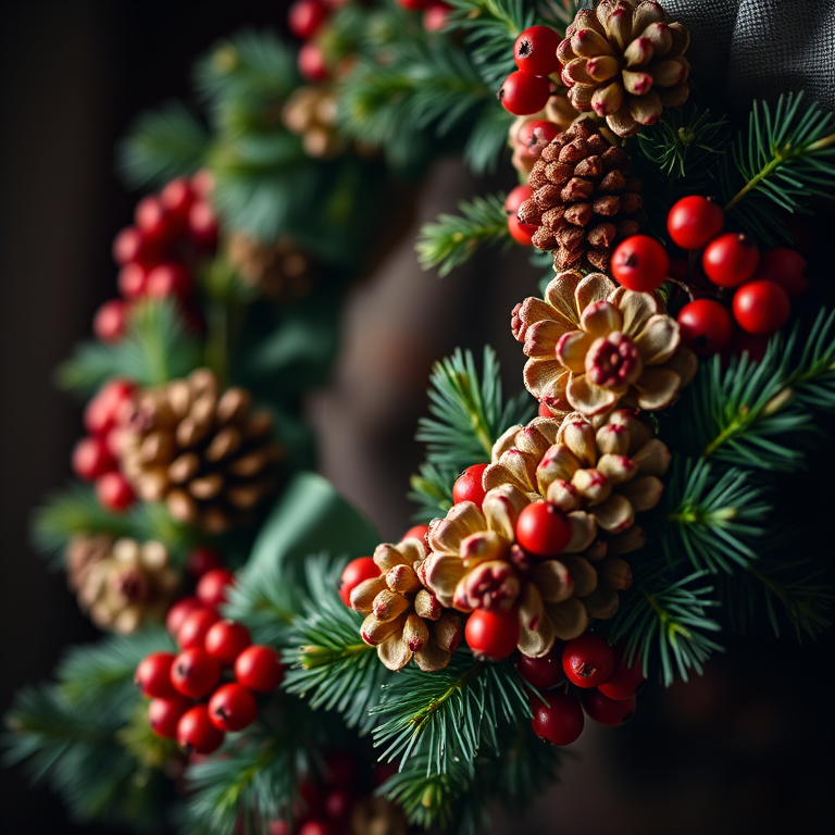 highly detailed floral wreath with pinecones and berries, soft lighting, macro lens, aperture f/2.8, ISO 100, 50mm lens, vibrant colors, dark background, shallow depth of field, high resolution