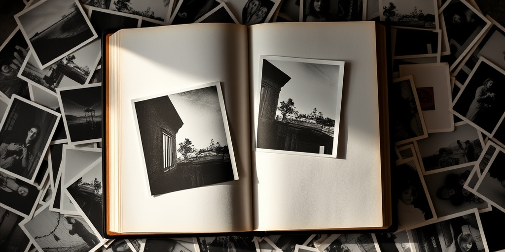An open photo album with black-and-white pictures lying among scattered vintage photographs, captured with a DSLR camera at f/2.8, ISO 200, 50mm lens, shallow depth of field, overhead view, natural lighting to enhance texture and detail.