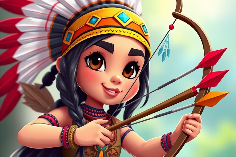Create a vibrant illustration of a cartoon Native American girl holding a bow and arrows, designed with exaggerated features and bright colors, shot with a DSLR camera at f/2.8, ISO 400, 50mm lens, in a close-up view to enhance details and depth, using a soft focus background to emphasize the character.