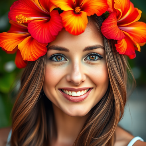Create a vibrant portrait of a woman with brown eyes and a warm smile, adorned with a crown of red and yellow hibiscus flowers, using a DSLR camera at f/1.8 aperture, ISO 100, and a shutter speed of 1/200s, in a close-up view with soft lighting to enhance the colors and details.