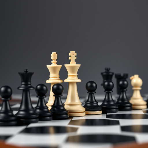 Create a high-resolution image of black and white chess pieces arranged in a line, using a Canon EOS R5 with a 50mm lens at f/1.8, ISO 100, and a shallow depth of field to enhance the contrast and clarity, with a soft gray background to emphasize the shapes.