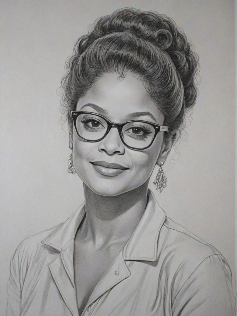 Resplendent Debbie Allen, pencil sketch, portrait of Beauteous woman 1964s in glasses, hair style beatnik, outline, clear lines, fine lines, 8k