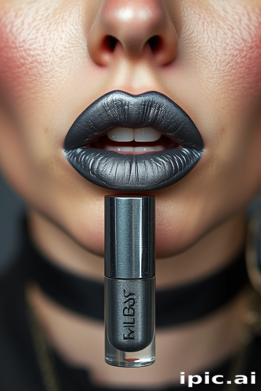 Edgy "Gunmetal Grunge" metallic liquid lipstick creates a bold, industrial-inspired look with its long-wearing formula and intense silvery-gray pigment