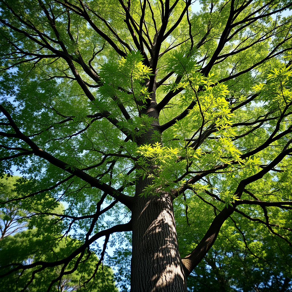 A tall tree with a dense canopy, shot with a DSLR camera at f/8 aperture, ISO 100, 50mm lens, in bright daylight with a shallow depth of field to enhance the details of the leaves against a blurred background.