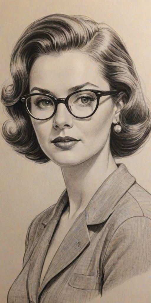 Ravishing Jessica Hynes, pencil sketch, portrait of Resplendent woman 1950s in glasses, hair style beatnik, outline, clear lines, fine lines, 8k