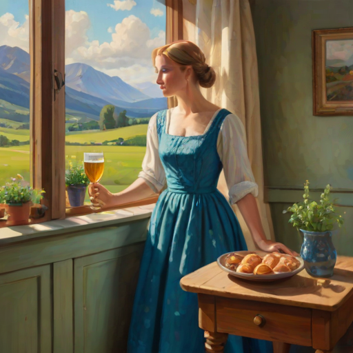In "A Glass of Beer on the Highland," a serene scene is depicted in a sunlit room where a woman in a vibrant blue dress stands by a large window. She holds a tray with a hearty meal and a frothy glass of beer, embodying a moment of relaxation. Outside, the breathtaking highland landscape features rolling green hills and a charming traditional house, all bathed in warm afternoon light. The interior is adorned with potted plants, creating a harmonious blend of comfort and nature. The painting beautifully captures the tranquility and joy found in simple pleasures amidst stunning scenery
