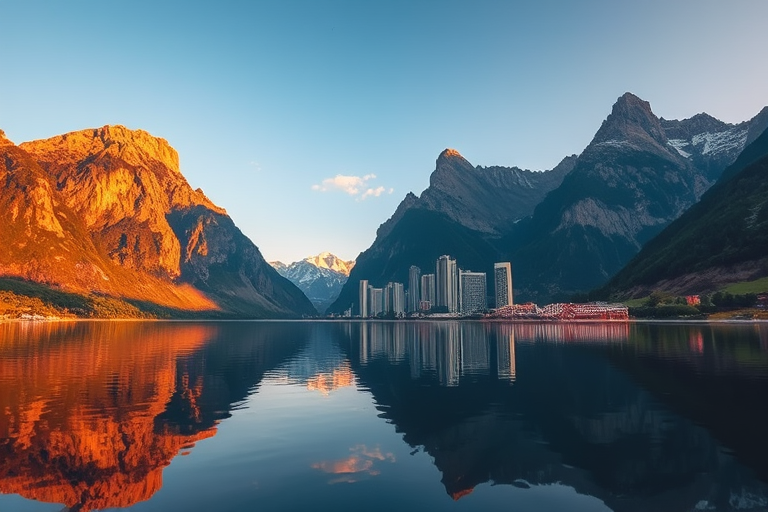 create a serene landscape depicting a tranquil lake surrounded by tall, majestic mountains and futuristic skyscrapers reflecting in the water at sunrise, using a Canon EOS R5 with a 24-70mm f/2.8 lens, f/8 aperture, ISO 100, shot from a low angle view for depth and clarity, long exposure to smooth out water reflections, focusing on vibrant colors and soft lighting.