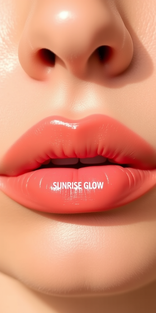 Sheer coral lips with a dewy finish, called "Sunrise Glow," feature a fresh, youthful look with a hint of natural-looking color and hydrated sheen