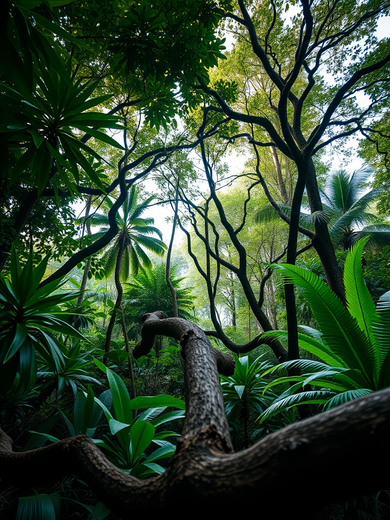 Create a vibrant jungle scene featuring thick trees, lush greenery, and a dramatic foreground with a large tree branch, shot with a Canon EOS R5, 50mm lens, f/2.8 aperture, ISO 100, at a low angle to capture depth and detail in soft natural light.